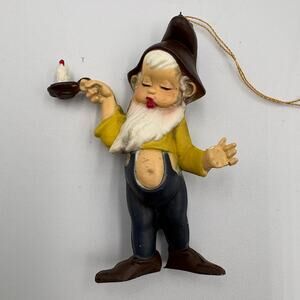 Vintage Gnome w/ Candle Stick Elf Pixie Xmas Ornament Retro Kitsch MCM 3"